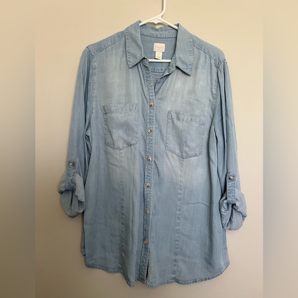 Chico’s Chambray 100% Tencel Lyocell Button Down Tunic Shirt Size 2 Large